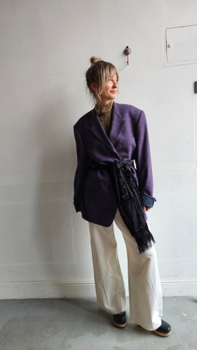 Szal jedwabny vintage czarny haftowany frędzle