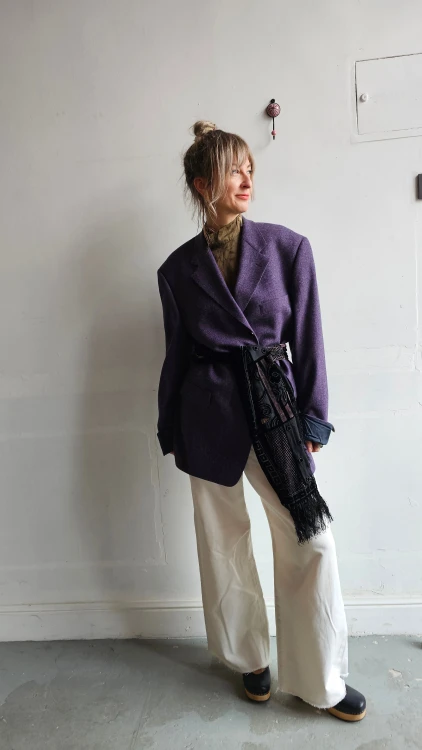 Szal jedwabny vintage czarny haftowany frędzle