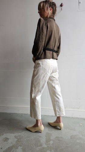 Spodnie Betty Barclay vintage białe złoty wzór lekkie