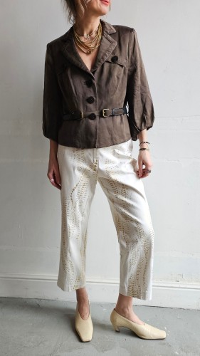 Spodnie Betty Barclay vintage białe złoty wzór lekkie