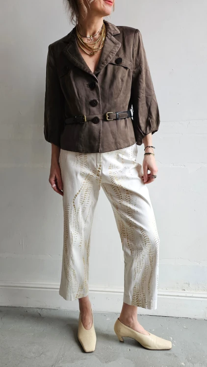 Spodnie Betty Barclay vintage białe złoty wzór lekkie