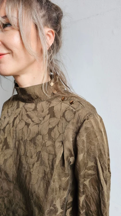 Koszula jedwabna vintage zielona we wzór elegancka