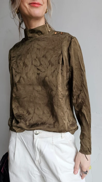 Koszula jedwabna vintage zielona  we wzór elegancka