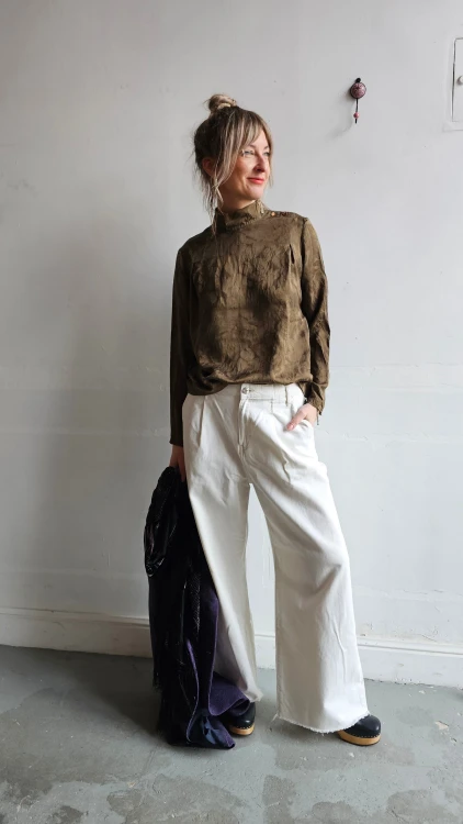 Koszula jedwabna vintage zielona we wzór elegancka