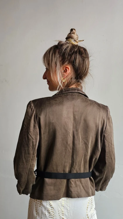 Marynarka vintage z paskiem brązowa taliowana retro