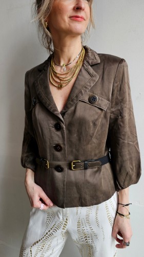 Marynarka vintage z paskiem brązowa taliowana retro