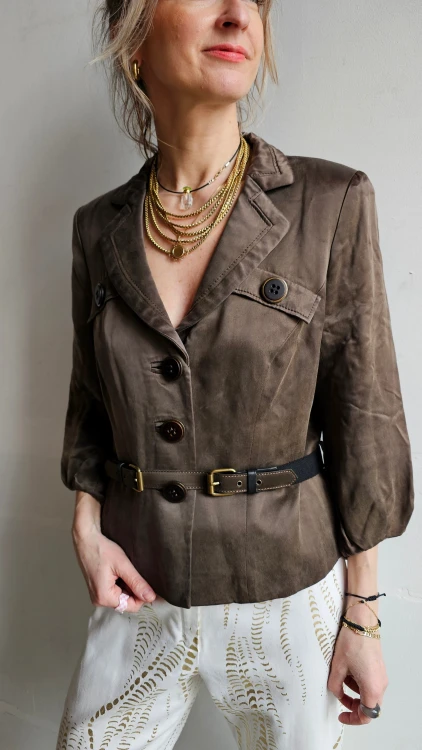 Marynarka vintage z paskiem brązowa taliowana retro