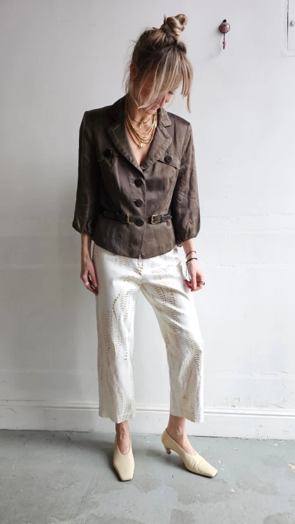 Marynarka vintage z paskiem brązowa taliowana retro